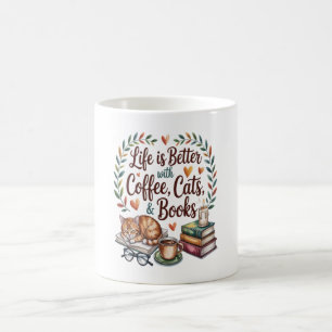 Taza De Café La vida es mejor con café gatos libros