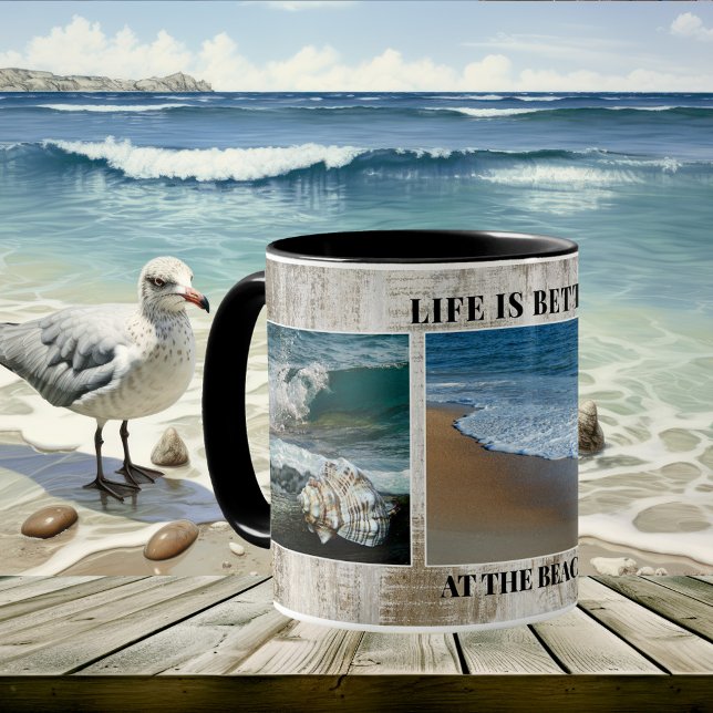 Taza De Café La vida es mejor en Beach Collage de fotos Mug (A photo collage mug with your own photos on a weathered wood design. Perfect for a beach house)