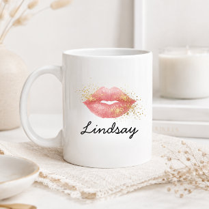 Taza De Café Labios Rosados Personalizados con Brillo