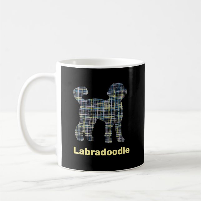 Taza De Café Labradoodle Perro Silhouette amarillo y azul (Izquierda)