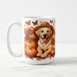 Taza De Café Labrador Amarillo Con Sombrero De Paja Calabazas Y