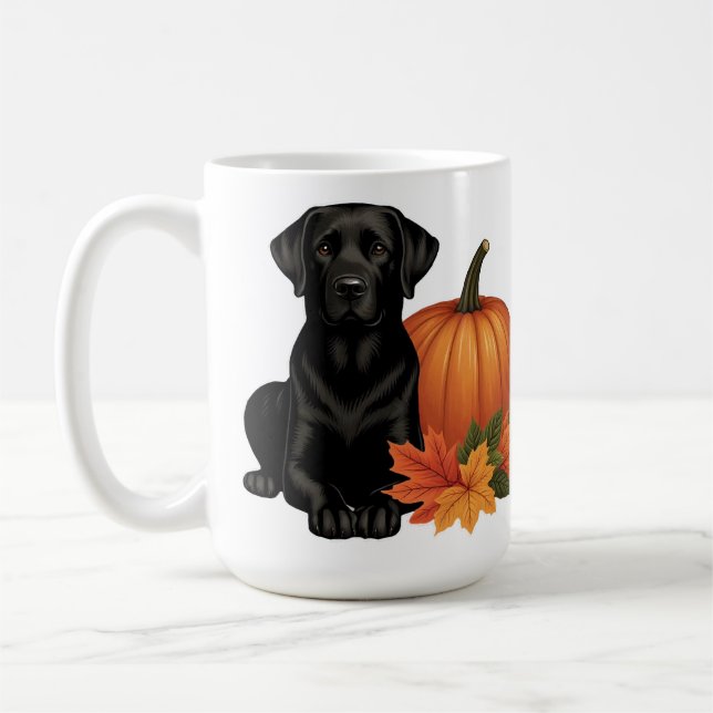 Taza De Café Labrador negro con hojas de otoño y calabaza (Izquierda)