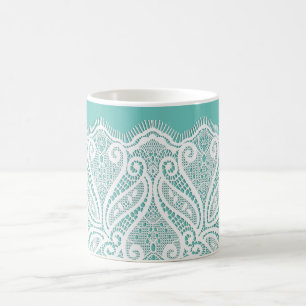 Taza De Café Lace doiosamente verde azulado blanco vintage anti