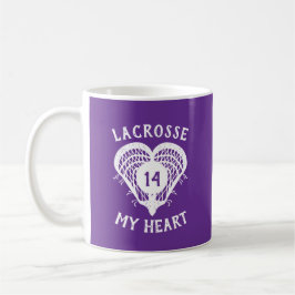 Taza De Café Lacrosse púrpura mi corazón