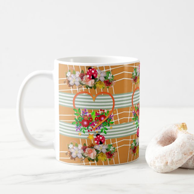 Taza De Café Ladybug Naranja Heart Floral Mug (Con donut)
