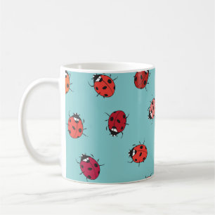 Taza De Café Ladybugs, fondo azul, encantadora pieza sin costur