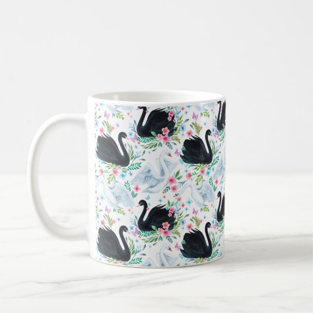 Taza De Café Lago de cisne blanco y negro acuarela transparente (Izquierda)