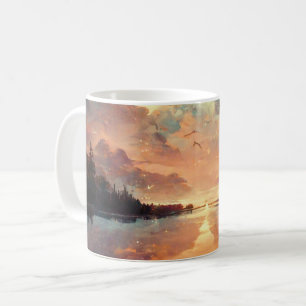 Taza De Café Lago Y Atardecer Soñosos   Paintaje paisajístico