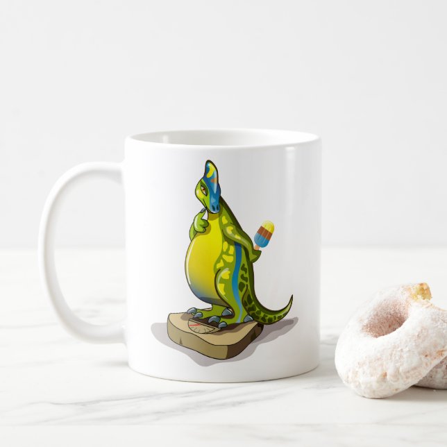 Taza De Café Lambeosaurus Parado En Una Escala De Peso. (Con donut)