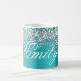 Taza De Café Lámina personalizada de turquesa azul con brillo p