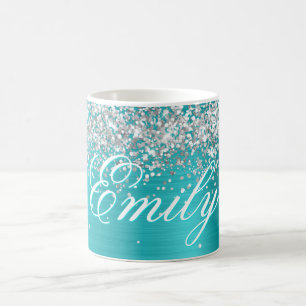 Taza De Café Lámina personalizada de turquesa azul con brillo p