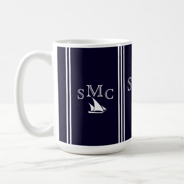 Taza De Café Lámpara de techo de velero de monograma azul marin (Izquierda)