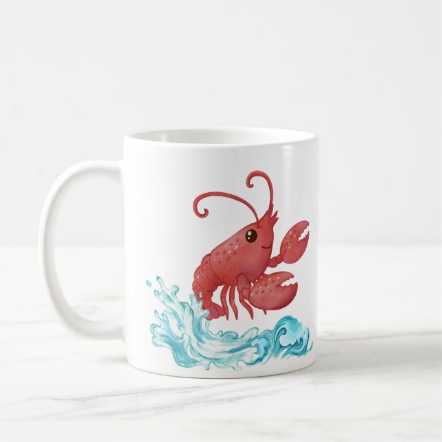 Taza De Café Langosta roja alegre emergiendo de p azul estiliza (Izquierda)