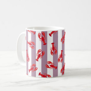 Taza De Café Langostas Rojas Ilustradas sobre Rayas Gris-Rosas