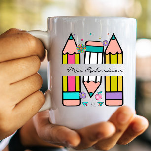 Taza De Café Lápiz de dibujos animados con nombre de maestro co