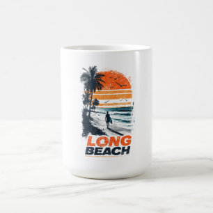 Taza De Café Larga Playa California Atardecer Retro Palma Playa