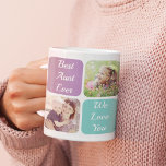 Taza De Café Las mejores fotos de la tía nunca<br><div class="desc">Celebra una tía favorita con este diseño personalizado morado y verde azulado. Puedes agregar cinco fotos familiares de sobrinas y sobrinos, personalizar las expresiones de "Mejor Tía de la Historia" y "Te amo" o "Te amamos", y si se llama Tía, Tía, etc., y su nombre. También puedes agregar los nombres...</div>