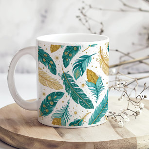 Taza De Café Las plumas Verde azuladas y de oro del Boho