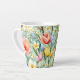 Taza De Café Latte С campo floral de primavera lleno de color. Pintur