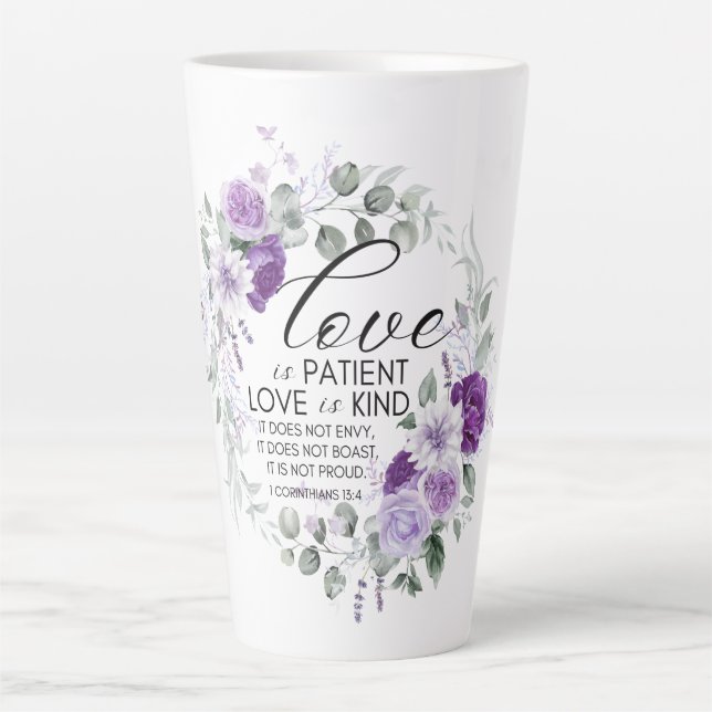 Taza De Café Latte 1 Corintios 13:4 El amor es la floral violeta del  (Anverso)