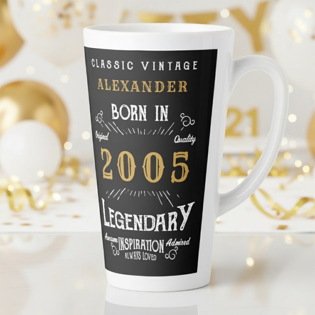 Taza De Café Latte 21st Birthday 2005 Legendary Retro (2005 birthday latter mug on a white and gold background.)