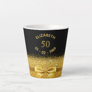 Taza De Café Latte 50.º cumpleaños arco de oro nombre negro brillante