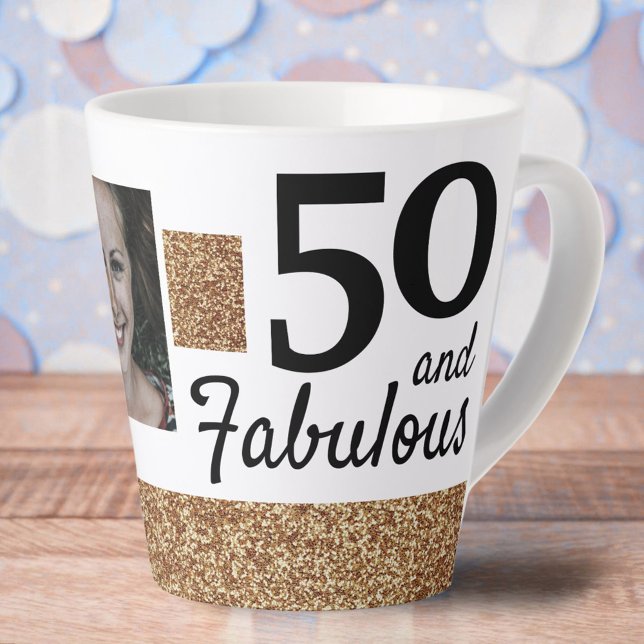 Taza De Café Latte 50 y Fabulous Gold Purpurina 2 Photo 50th Birthday (Subido por el creador)