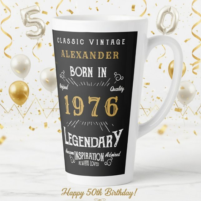 Taza De Café Latte 50th Birthday 1976 Legendary Retro (1976 latte mug on a white and gold background)