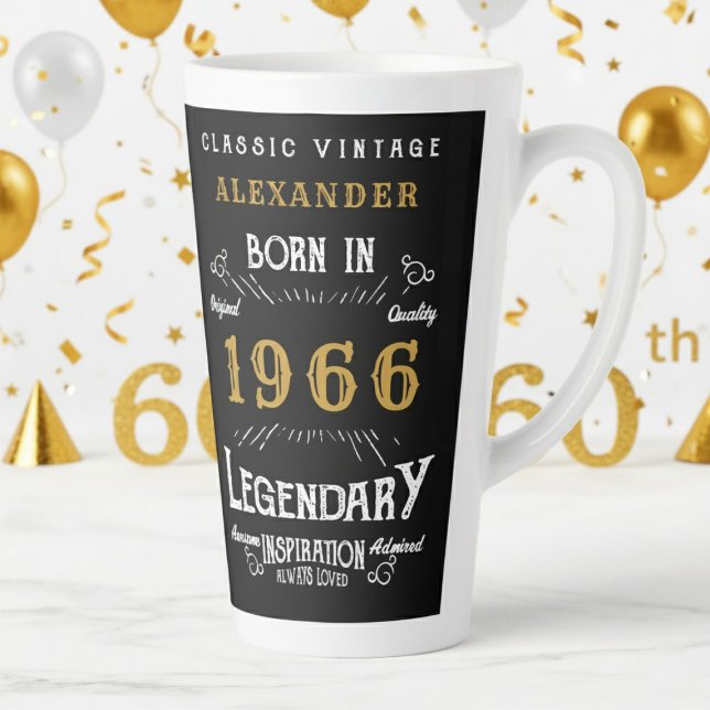 Taza De Café Latte 60 cumpleaños 1966 Legendario Retro (1966 latte mug on a white and gold background)