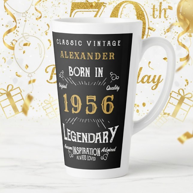 Taza De Café Latte 70th Birthday 1956 Legendary Retro (1956 latte mug on a white and gold background)