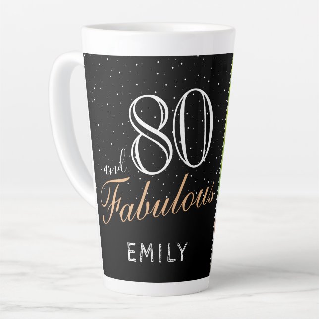 Taza De Café Latte 80 y Fabulous Elegant Black 80th Birthday Photo (Ángulo izquierdo)