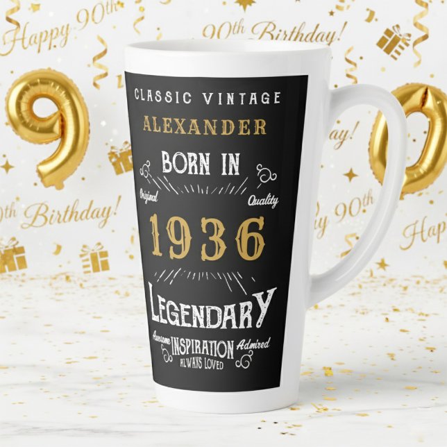 Taza De Café Latte 90 cumpleaños 1936 Legendario Retro (1936 latte mug with a white and gold background.)