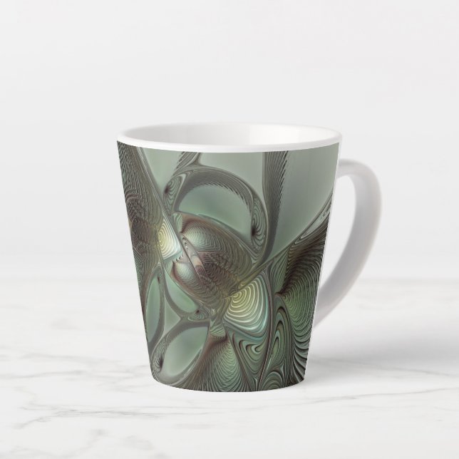 Taza De Café Latte Abstracto Olive Sage Green Grey Fractal Art Fantas (Ángulo derecho)