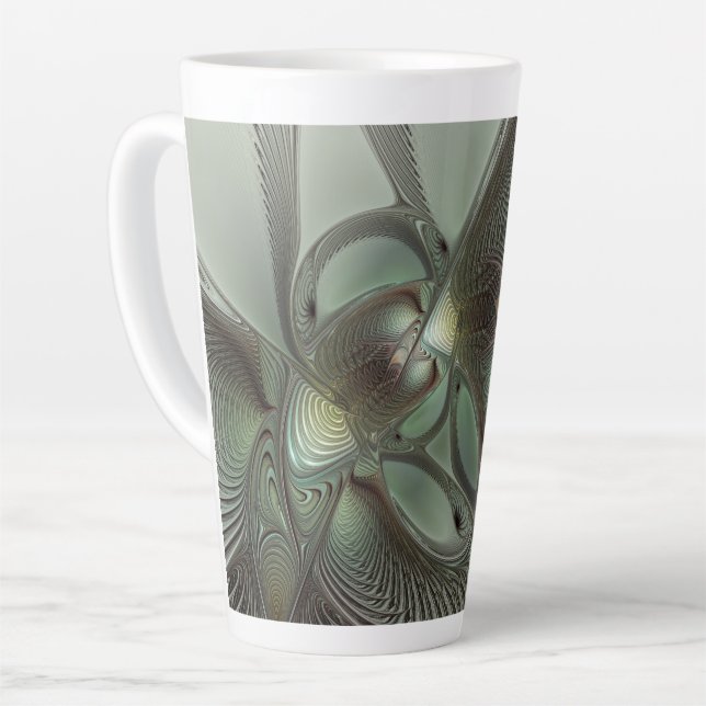 Taza De Café Latte Abstracto Olive Sage Green Grey Fractal Art Fantas (Ángulo izquierdo)
