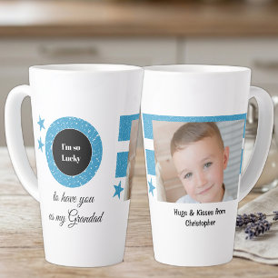 Taza De Café Latte Abuelo con foto tan afortunado de azul y blanco