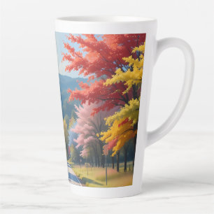 Taza De Café Latte Acuarela de camino rural otoñal pastel