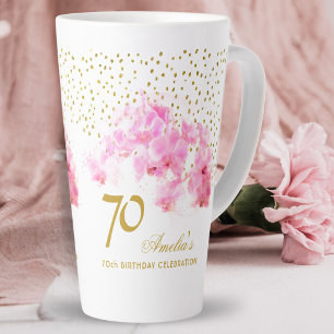 Taza De Café Latte Acuarela de orquídea rosa con brillo dorado Cumple