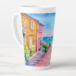 Taza De Café Latte Acuarela de Sunset Village Seaside