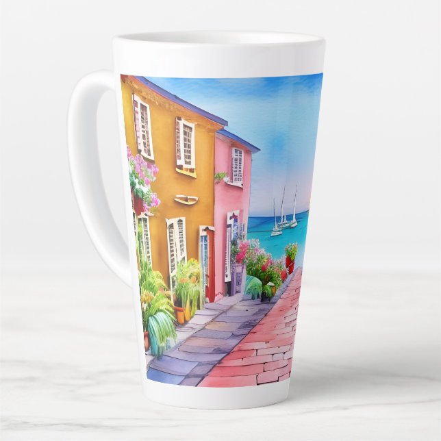 Taza De Café Latte Acuarela de Sunset Village Seaside (Ángulo izquierdo)