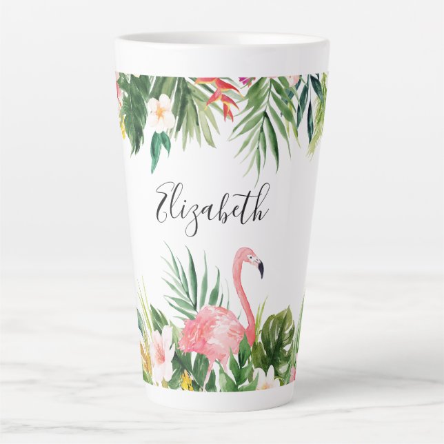 Taza De Café Latte Acuarela Flamingo floral tropical grande (Anverso)