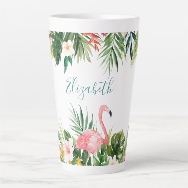 Taza De Café Latte Acuarela Flamingo floral tropical grande Verde azu (Anverso)