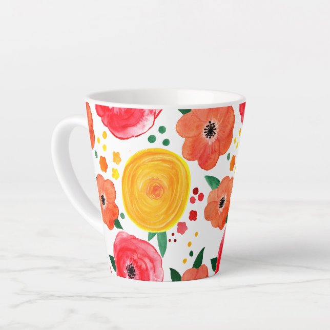 Taza De Café Latte Acuarela floral rosa y amarilla (Ángulo izquierdo)