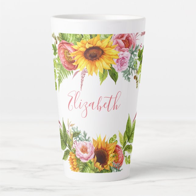 Taza De Café Latte Acuarela girasol Flor Nombre rosa grande (Anverso)