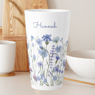 Taza De Café Latte Acuarela Monogramada Blue Wildflower Meadow