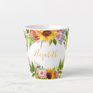 Taza De Café Latte Acuarela Nombre amarillo floral
