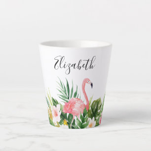 Taza De Café Latte Acuarela Nombre Flamingo Rosado Floral Tropical