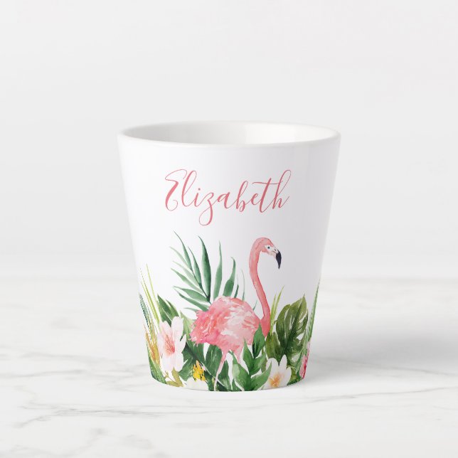 Taza De Café Latte Acuarela Nombre floral tropical Flamingo rosa (Anverso)