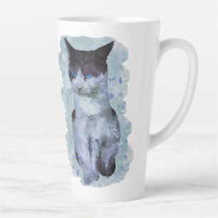 Taza De Café Latte Acuarela Ojos Azules De Gato Negro Y Blanco