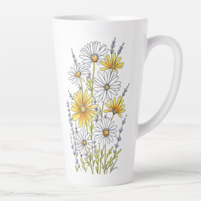 Taza De Café Latte Acuarela, Pen & Ink Daisy Floral Bouquet (Derecha)