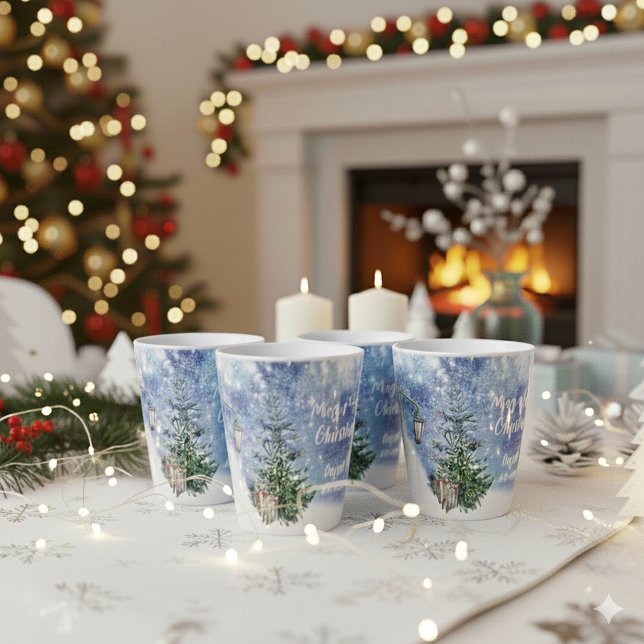 Taza De Café Latte Acuarela 🎄 Regalos de arboledas navideñas (Watercolor Christmas Tree Lantern Gifts Memory Latte Mug ©Susanne Sachers - Sunny Mind 🌞)